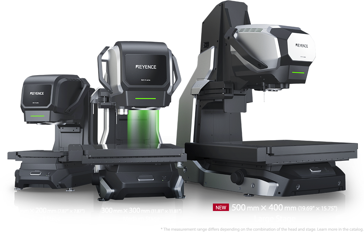 Wide-Field IM Head・High-Accuracy LM Head/ 200 mm × 200 mm (7.87″ × 7.87″) Small Stage・300 mm × 300 mm (11.81″ × 11.81″) Medium Stage・500 mm × 400 mm (19.69″ × 15.75″) Large Stage