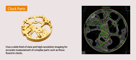 Clock Parts. Uses a wide field of view and high-resolution imaging for accurate measurement of complex parts such as those found in clocks.
