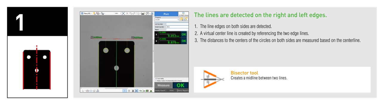 The lines are detected on the right and left edges. 1. The line edges on both sides are detected. 2. A virtual center line is created by referencing the two edge lines. 3. The distances to the centers of the circles on both sides are measured based on the centerline. Bisector tool: Creates a midline between two lines.