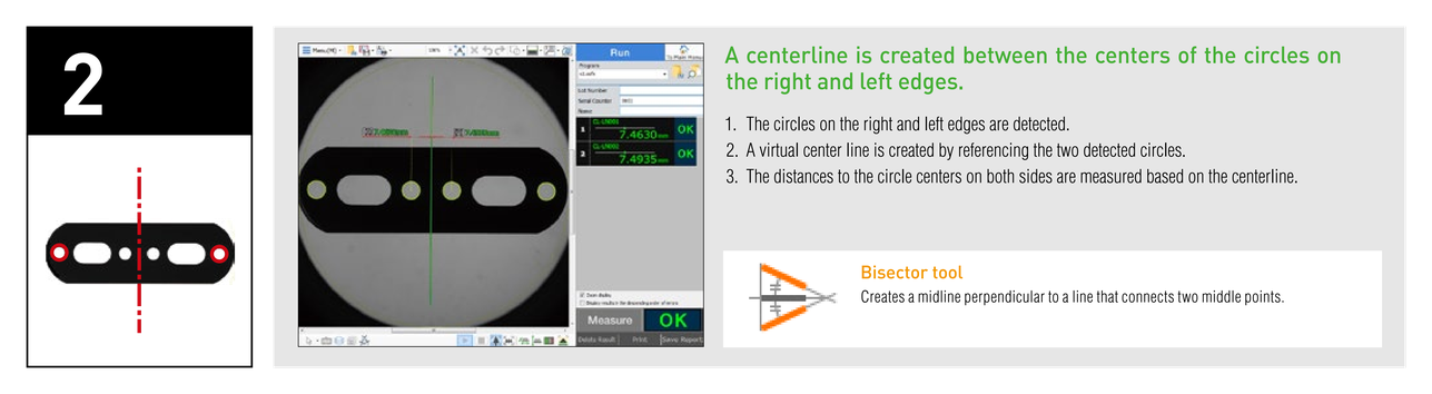 A centerline is created between the centers of the circles on the right and left edges. 1. The circles on the right and left edges are detected. 2. A virtual center line is created by referencing the two detected circles. 3. The distances to the circle centers on both sides are measured based on the centerline. Bisector tool: Creates a midline perpendicular to a line that connects two middle points.