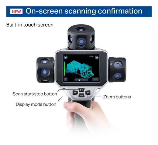 Built-in touch screen on the probe, with scan start/stop button, display mode button and zoom buttons.