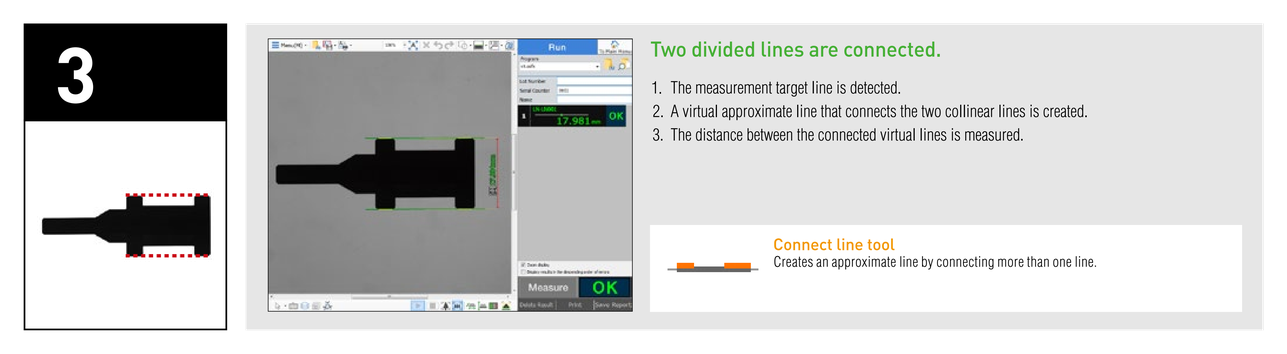 Two divided lines are connected. 1. The measurement target line is detected. 2. A virtual approximate line that connects the two collinear lines is created. 3. The distance between the connected virtual lines is measured. Connect line tool: Creates an approximate line by connecting more than one line.
