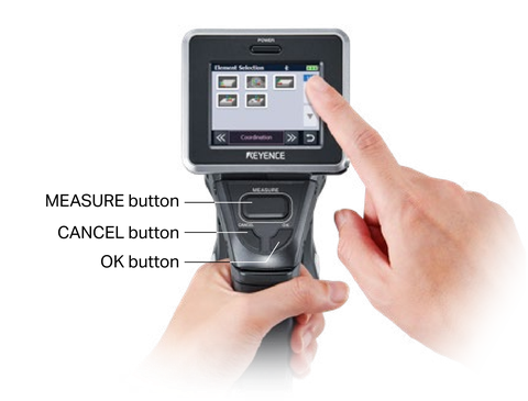Contact probe with its touch screen above the MEASURE button, CANCEL button and OK button.