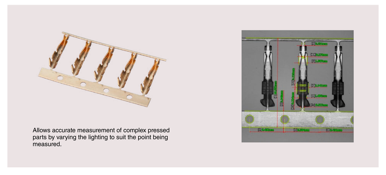 Allows accurate measurement of complex pressed parts by varying the lighting to suit the point being measured.