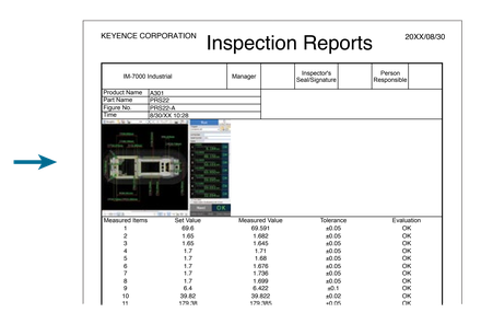 Inspection Reports sheet listing Set Value, Measured Value, Tolerance and Evaluation for each measured item