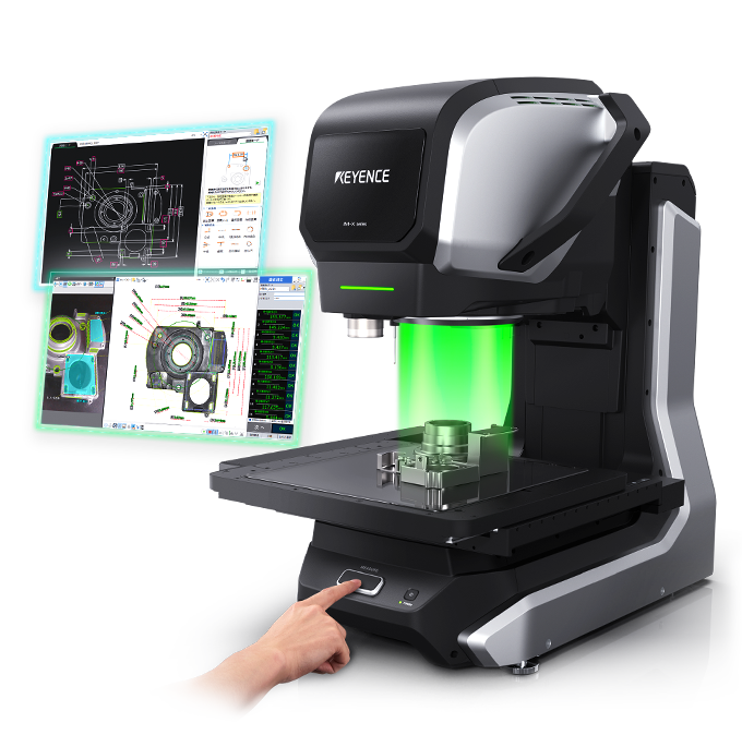 Pressing a single button starts measurement, with results and a CAD drawing shown immediately on the screens behind.
