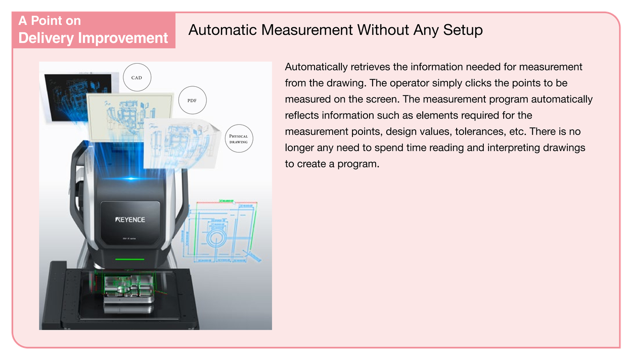 A Point on Delivery Improvement: Automatic Measurement Without Any Setup. Automatically retrieves the information needed for measurement from the drawing. The operator simply clicks the points to be measured on the screen. The measurement program automatically reflects information such as elements required for the measurement points, design values, tolerances, etc. There is no longer any need to spend time reading and interpreting drawings to create a program.