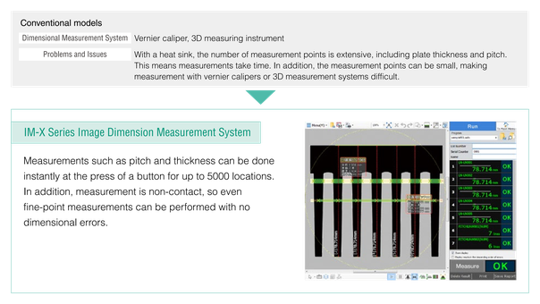 Heat sinks have many small, closely spaced points that are hard to measure with calipers; IM-X measures pitch and thickness non-contact for up to 5000 locations instantly.