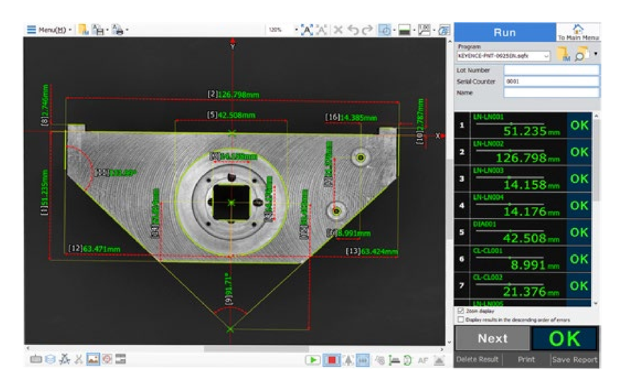 The software's Run screen showing the whole part on stage with every measured dimension listed alongside its value and an OK judgment, plus an overall OK result.