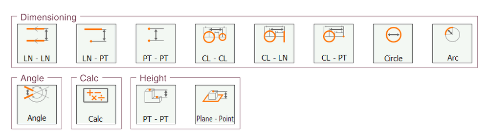 Dimensioning (line-to-line, line-to-point, point-to-point, circle/arc center distances, circle, arc), Angle, Calc, and Height (point-to-point, plane-to-point) measurement tools.