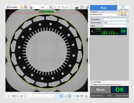 The measurement screen shows the part's outer circle detected, with its diameter and an OK judgment.