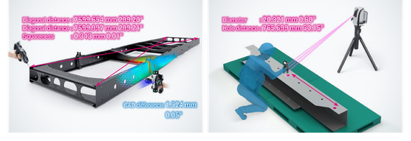 Diagonal distance: 7599.654 mm 299.20", Diagonal distance: 7599.997 mm 299.21", Squareness: 0.343 mm 0.01", CAD difference: 1.324 mm 0.05". Diameter: 20.321 mm 0.80", Hole distance: 765.699 mm 30.15"