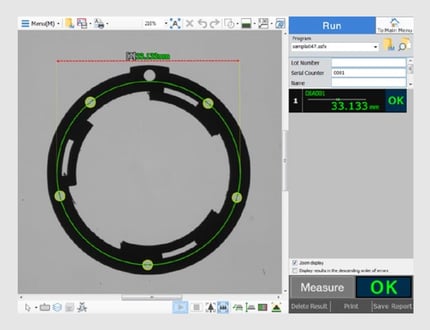 The measurement screen shows a virtual circle fitted through the hole centers, with the diameter and an OK judgment.