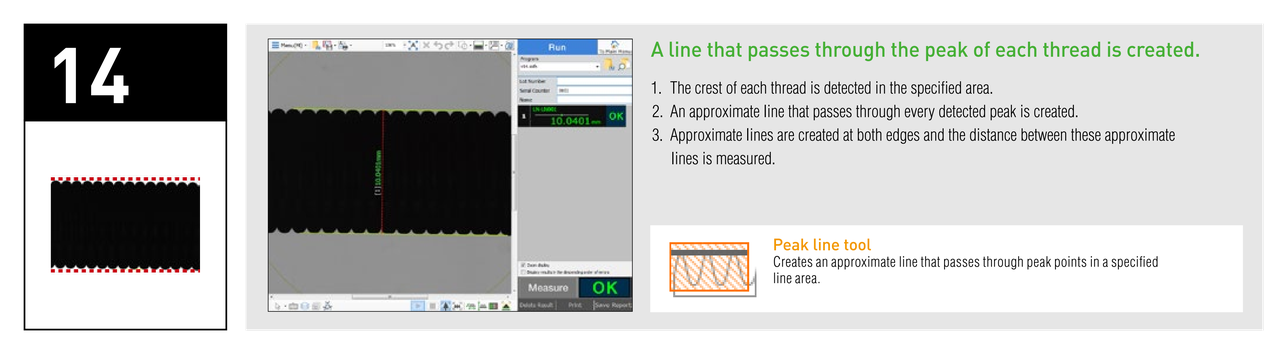 A line that passes through the peak of each thread is created. Peak line tool: Creates an approximate line that passes through peak points in a specified line area.