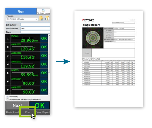 Click Print on the measurement results screen to output a Single Report listing the measurement results