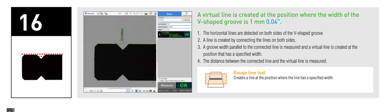 A virtual line is created at the position where the width of the V-shaped groove is 1 mm 0.04". 1. The horizontal lines are detected on both sides of the V-shaped groove. 2. A line is created by connecting the lines on both sides. 3. A groove width parallel to the connected line is measured and a virtual line is created at the position that has a specified width. 4. The distance between the connected line and the virtual line is measured. Gauge line tool: Creates a line at the position where the line has a specified width.