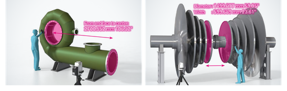 From end face to center: 2700.552 mm 106.32". Diameter: 1499.877 mm 59.05", Width: 599.689 mm 23.61"