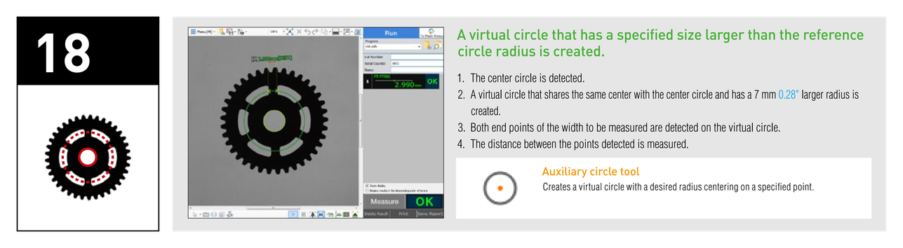 A virtual circle that has a specified size larger than the reference circle radius is created. Auxiliary circle tool: Creates a virtual circle with a desired radius centering on a specified point.