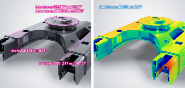 Hole distance: 669.877 mm 26.37", Outer diameter: 704.842 mm 27.75", Height: 235.129 mm 9.26", Total length: 4001.637 mm 157.54". CAD difference: 0.136 mm 0.01"