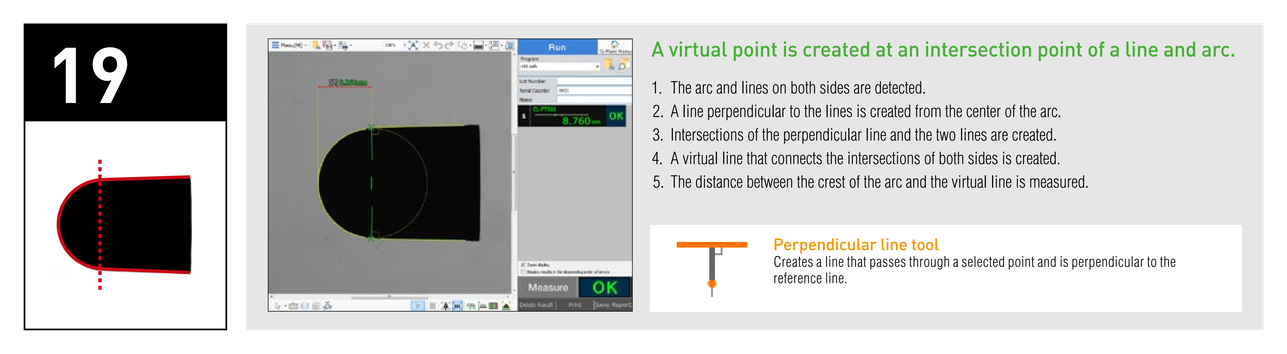 A virtual point is created at an intersection point of a line and arc. 1. The arc and lines on both sides are detected. 2. A line perpendicular to the lines is created from the center of the arc. 3. Intersections of the perpendicular line and the two lines are created. 4. A virtual line that connects the intersections of both sides is created. 5. The distance between the crest of the arc and the virtual line is measured. Perpendicular line tool: Creates a line that passes through a selected point and is perpendicular to the reference line.