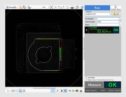 The measurement screen shows straight lines detected on the reflected image, with the measured distance and an OK judgment.