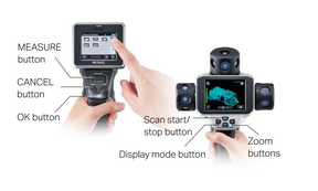 Touch probe screen with MEASURE button, CANCEL button, OK button. Scanner with Scan start/stop button, Display mode button, Zoom buttons