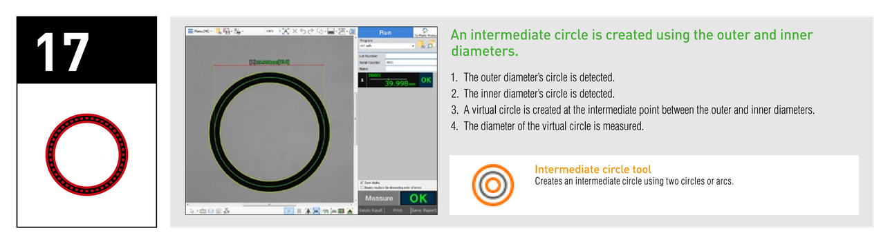 An intermediate circle is created using the outer and inner diameters. Intermediate circle tool: Creates an intermediate circle using two circles or arcs.