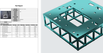 Part Report with measurement results table beside a 3D model