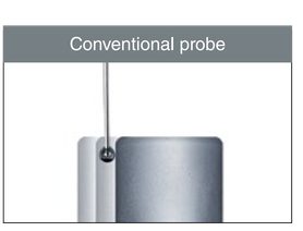 A conventional probe: a thick ball-tipped stylus pressed against the side of the part.