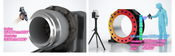 Radius: 250.016 mm 9.84", Circularity: 0.075 mm 0.003". CAD difference: 1.325 mm 0.05", Circularity: 0.105 mm 0.004", Flatness: 0.324 mm 0.01", Angle: 89.985°
