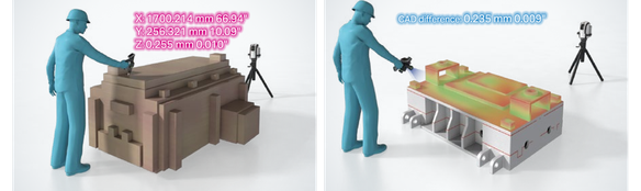 X: 1700.214 mm 66.94", Y: 256.321 mm 10.09", Z: 0.255 mm 0.010". CAD difference: 0.235 mm 0.009"