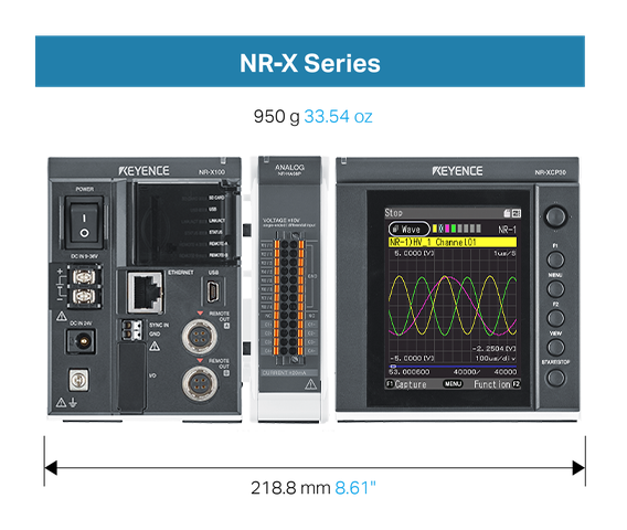 NR-X Series module stack, weighing 950 g / 33.54 oz with an overall width of 218.8 mm / 8.61 inches.