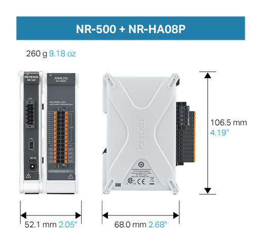 NR-500 + NR-HA08P weighs 260 g / 9.18 oz. Front view width: 52.1 mm / 2.05 inches. Side view: height 106.5 mm / 4.19 inches, depth 68.0 mm / 2.68 inches.