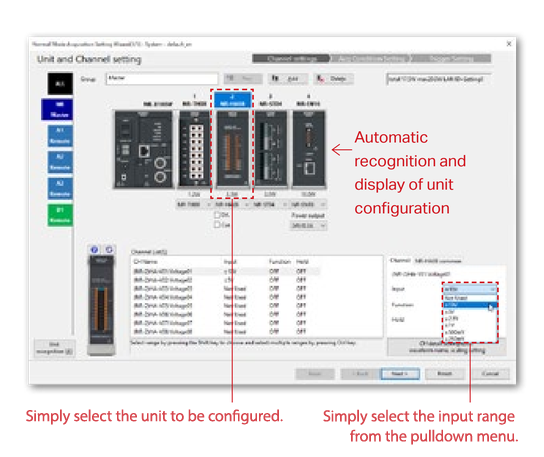 The setup wizard performs automatic recognition and display of unit configuration, showing the connected units for selection.