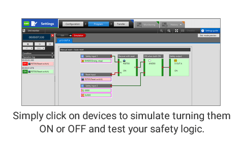 Simply click on devices to simulate turning them ON or OFF and test your safety logic.
