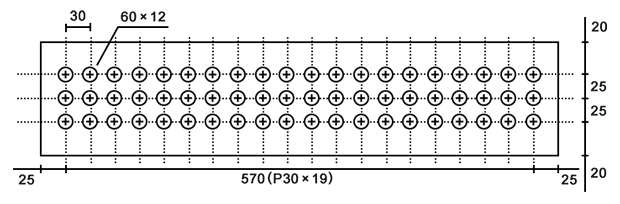 19: Number of pitch intervals — not the number of holes (note: this is often mistaken) 30: Hole pitch distance (mm) 570: Total distance