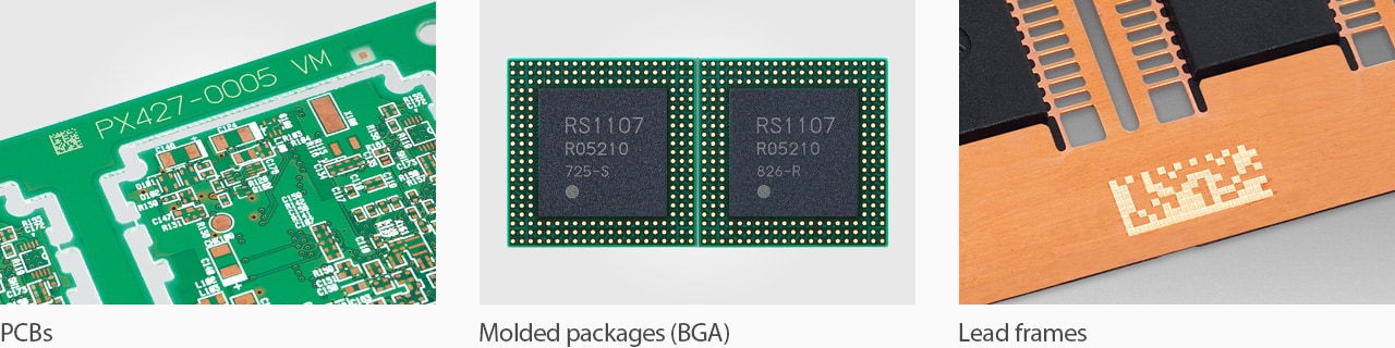 Marking examples on electronic components: PCBs, molded packages (BGA), and lead frames.