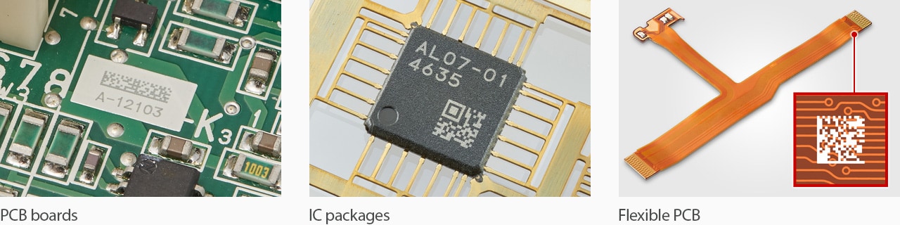 2D codes marked on a PCB board, an IC package, and a flexible PCB.