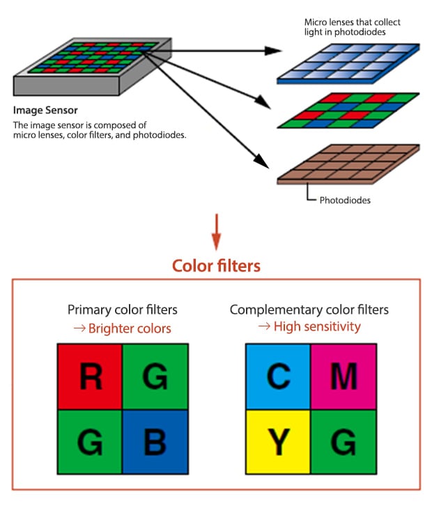 Image Sensor : The image sensor is composed of micro lenses, color filters, and photodiodes.