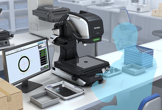 On the production floor, the screen traces a round part's profile during first-article inspection.