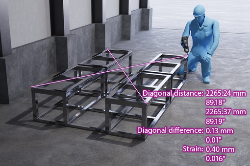 Diagonal distance: 2265.24 mm 89.18", 2265.37 mm 89.19". Diagonal difference: 0.13 mm 0.01". Strain: 0.40 mm 0.016".