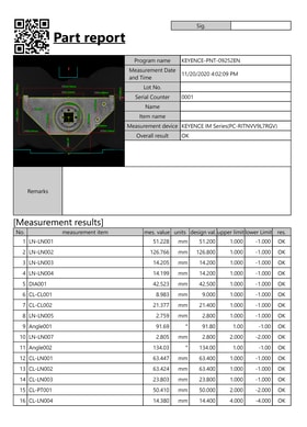 Part report with measurement device and overall result OK, and a table of measurement items with measured value, design value, upper and lower limits and result