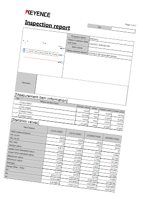 Inspection report with a table of measurement item information and a table of statistics values