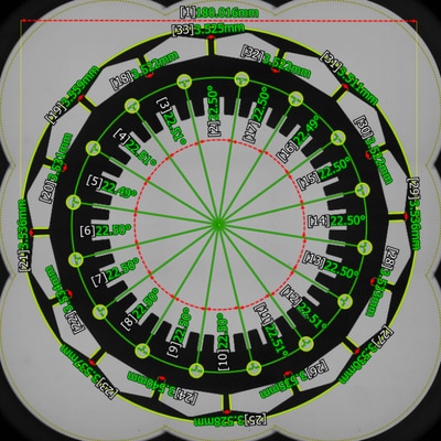 Every hole position, diameter, and angle around the pressed part's circumference is measured and labeled in a single shot.