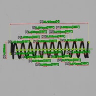 The spring's coil diameter and pitch at each turn are measured and labeled in a single shot.