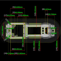 Target with measured dimensions overlaid, such as 59.095mm and 48.156mm