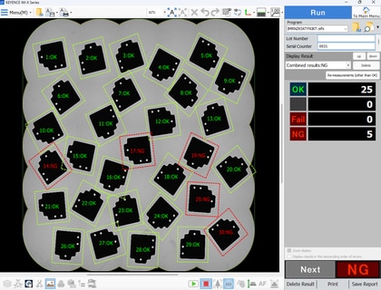 A results screen showing many parts measured on the stage at once, each individually judged OK or NG, with a summary count of OK, Fail, and NG results.