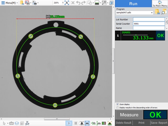 Circle diameter 33.133mm, judgment OK