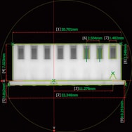 An elongated rectangular part with multiple width and spacing measurements overlaid in green, each numbered and labeled in millimeters.
