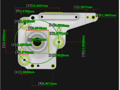 A larger molded part with sixteen dimension measurements overlaid in green, each numbered and labeled in millimeters, covering hole positions, diameters, and edge distances.